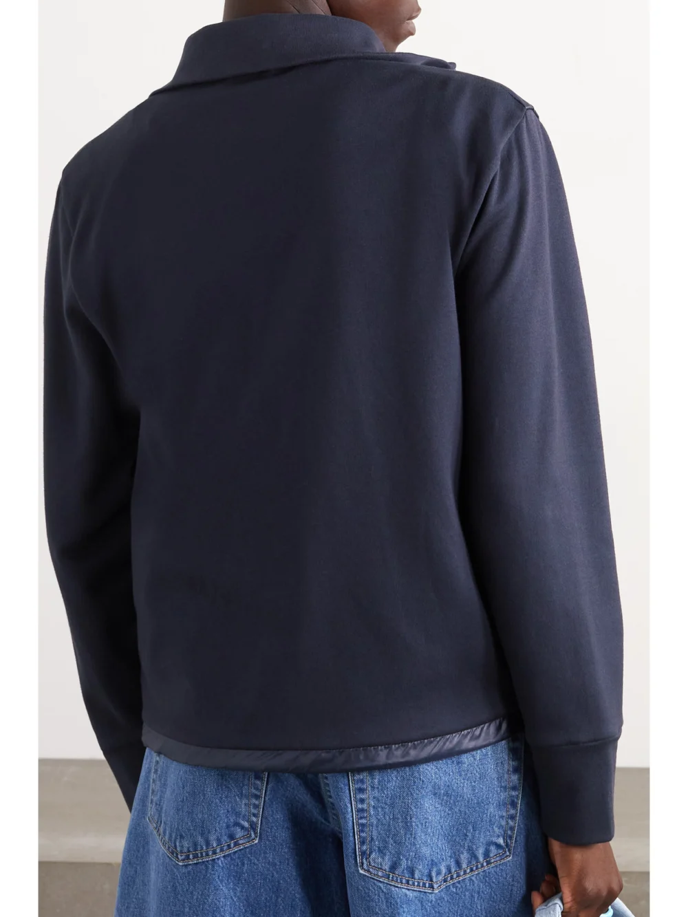 Back view of the Moncler Appliquéd Cotton-blend Jersey and Quilted Shell Down Jacket
