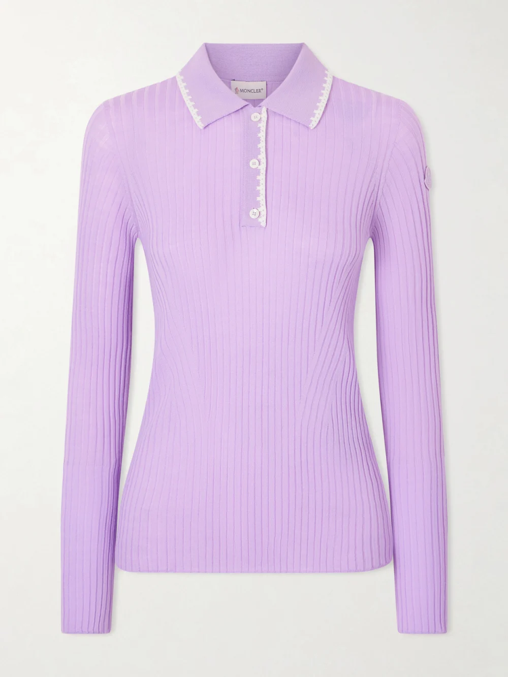 Moncler Appliquéd Embroidered Ribbed Wool Polo Shirt in lilac