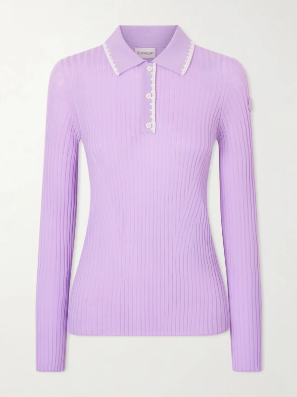 Moncler Appliquéd Embroidered Ribbed Wool Polo Shirt