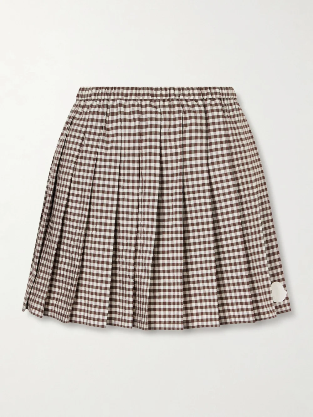 Moncler Appliquéd Pleated Gingham Cotton-blend Mini Skirt in brown