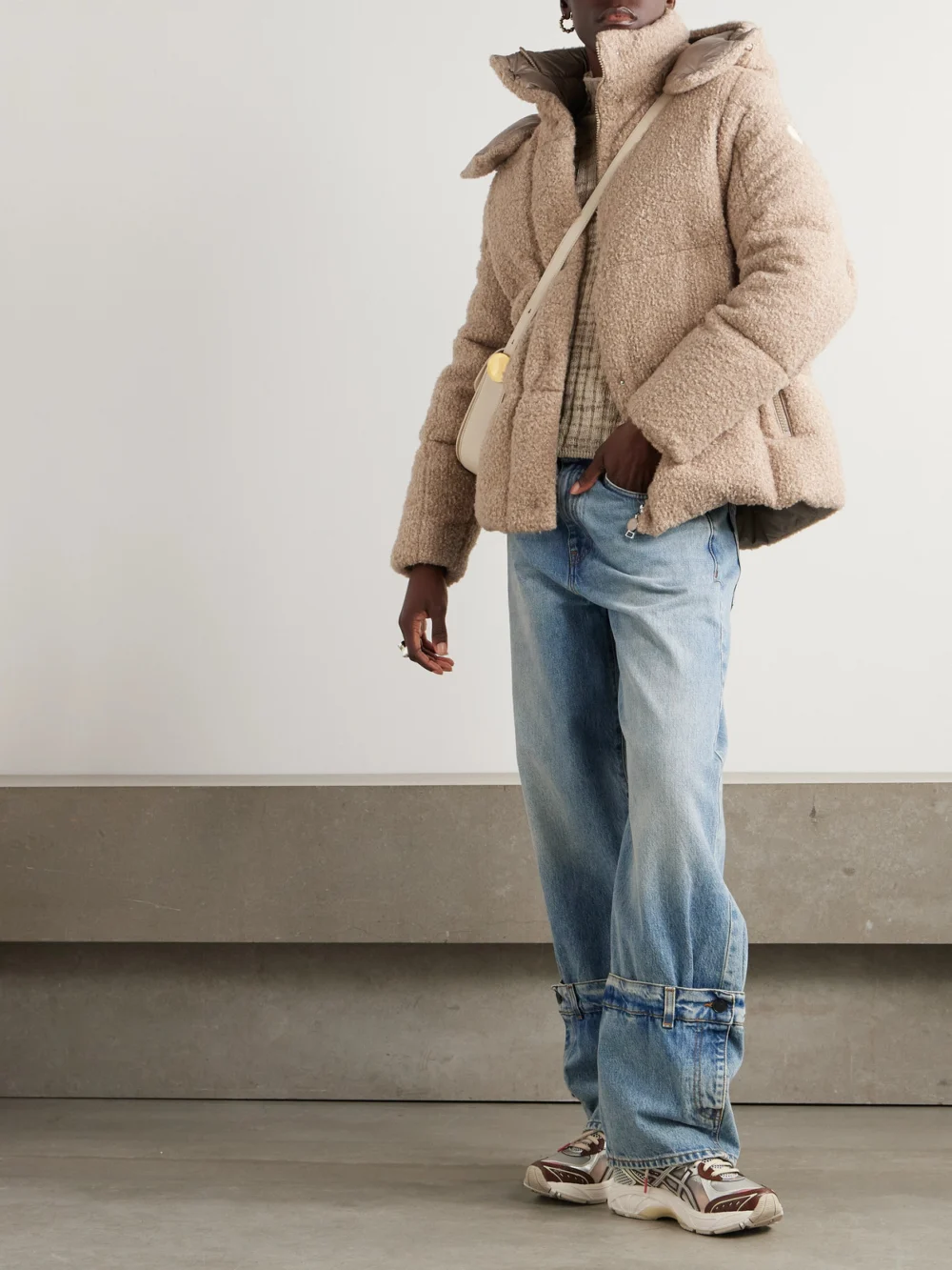 Moncler Appliquéd Quilted Metallic Bouclé Hooded Down Jacket, worn by a model