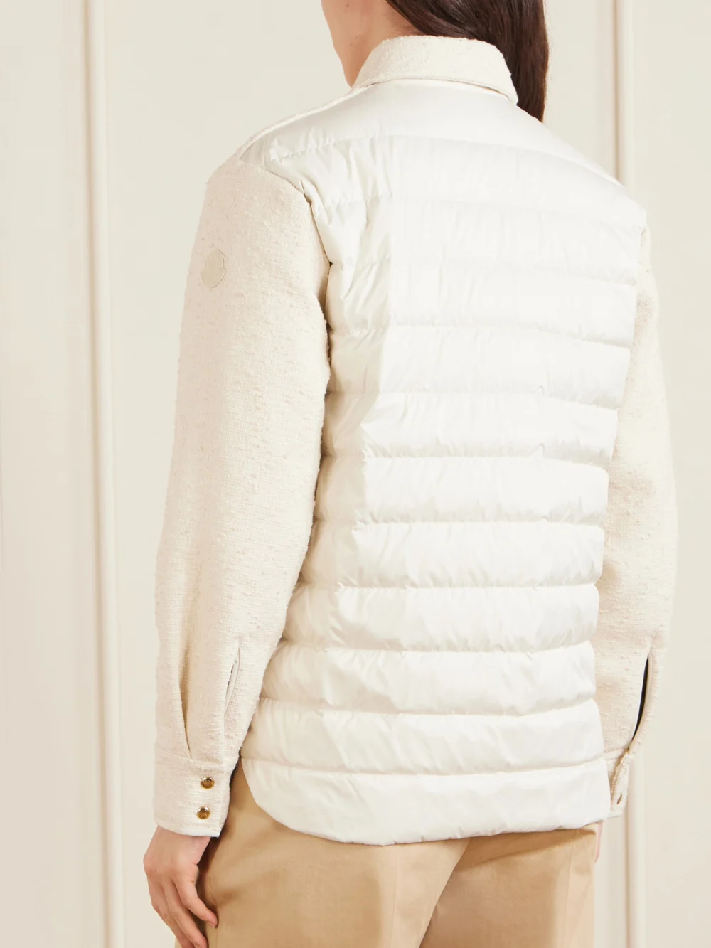 Back view of the Moncler Appliquéd Quilted Shell and Tweed Down Jacket