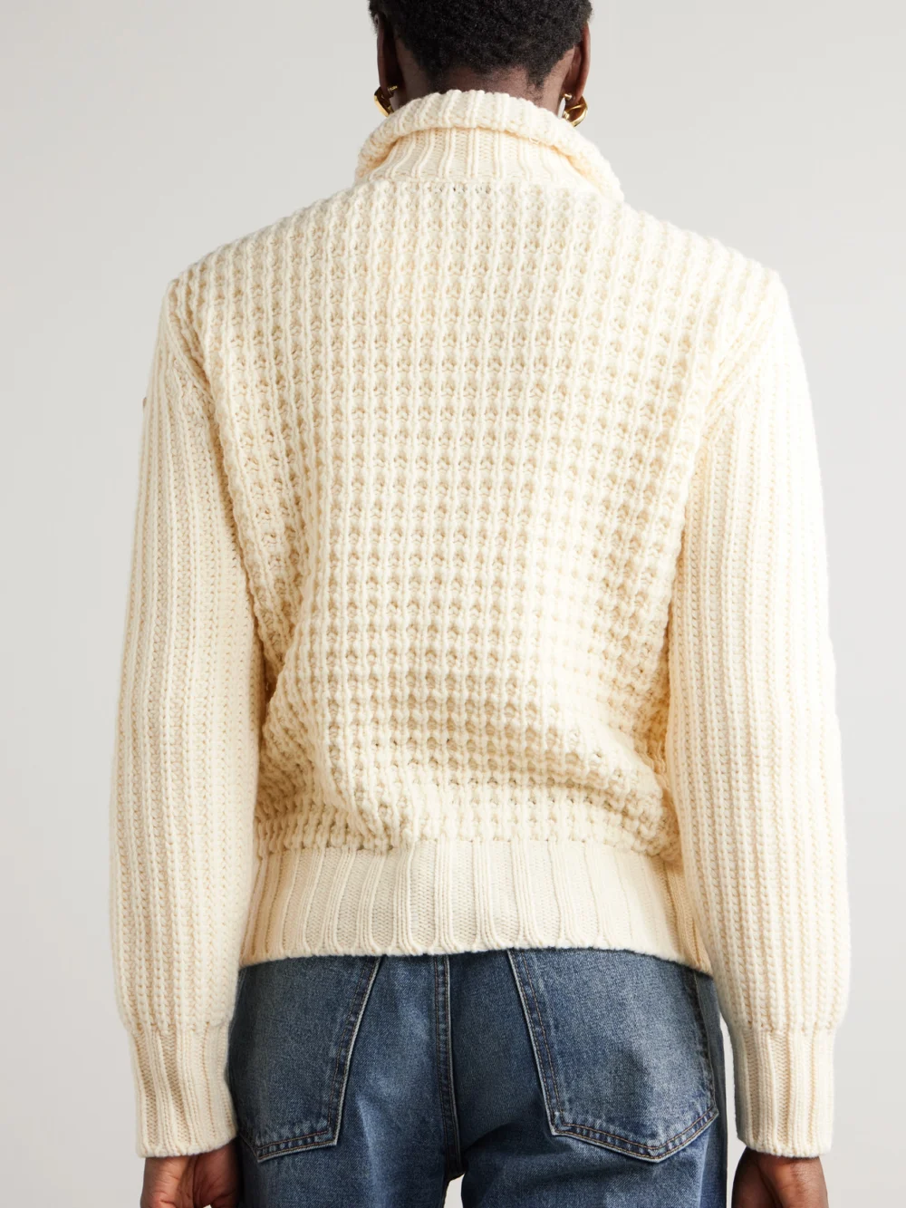 Back view of the Moncler Appliquéd Quilted Shell-trimmed Wool and Cashmere-blend Down Cardigan