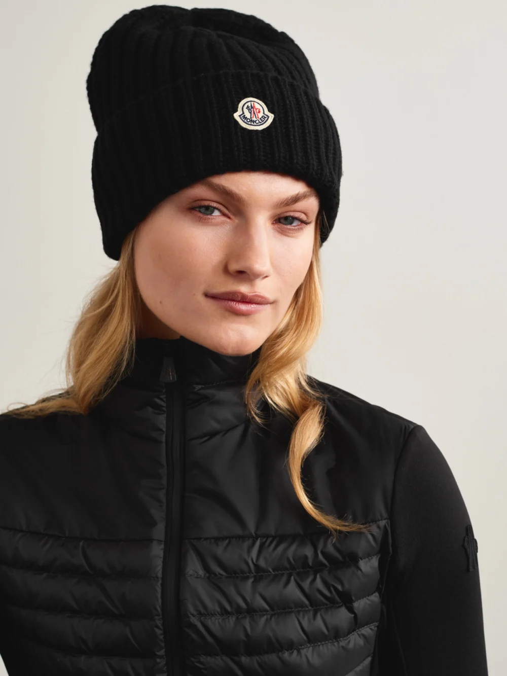 Moncler Appliquéd Ribbed Wool and Cashmere-blend Beanie, styled view