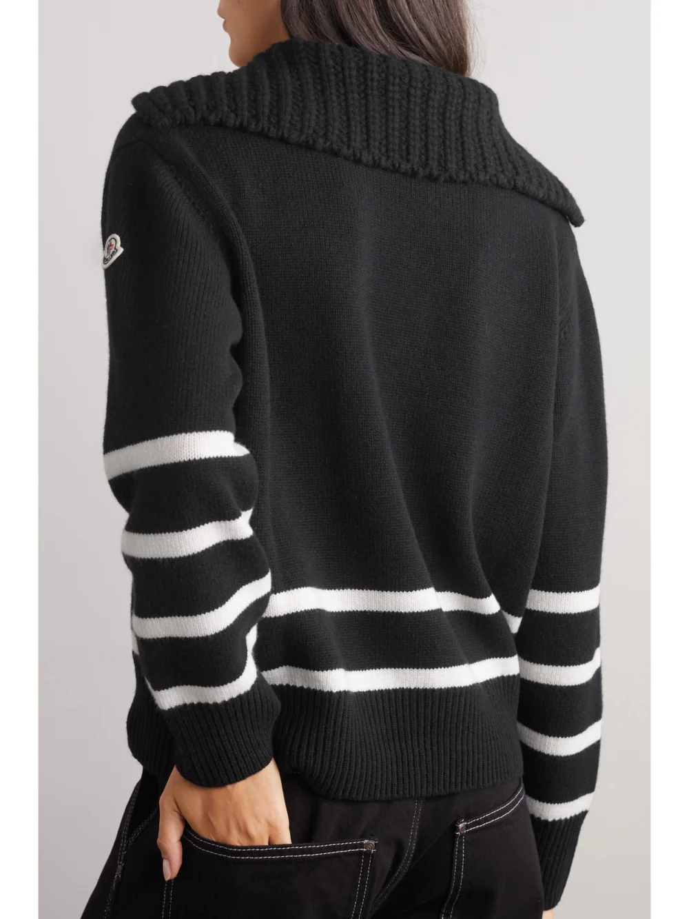 Back view of the Moncler Appliquéd Striped Wool and Cashmere-blend Sweater