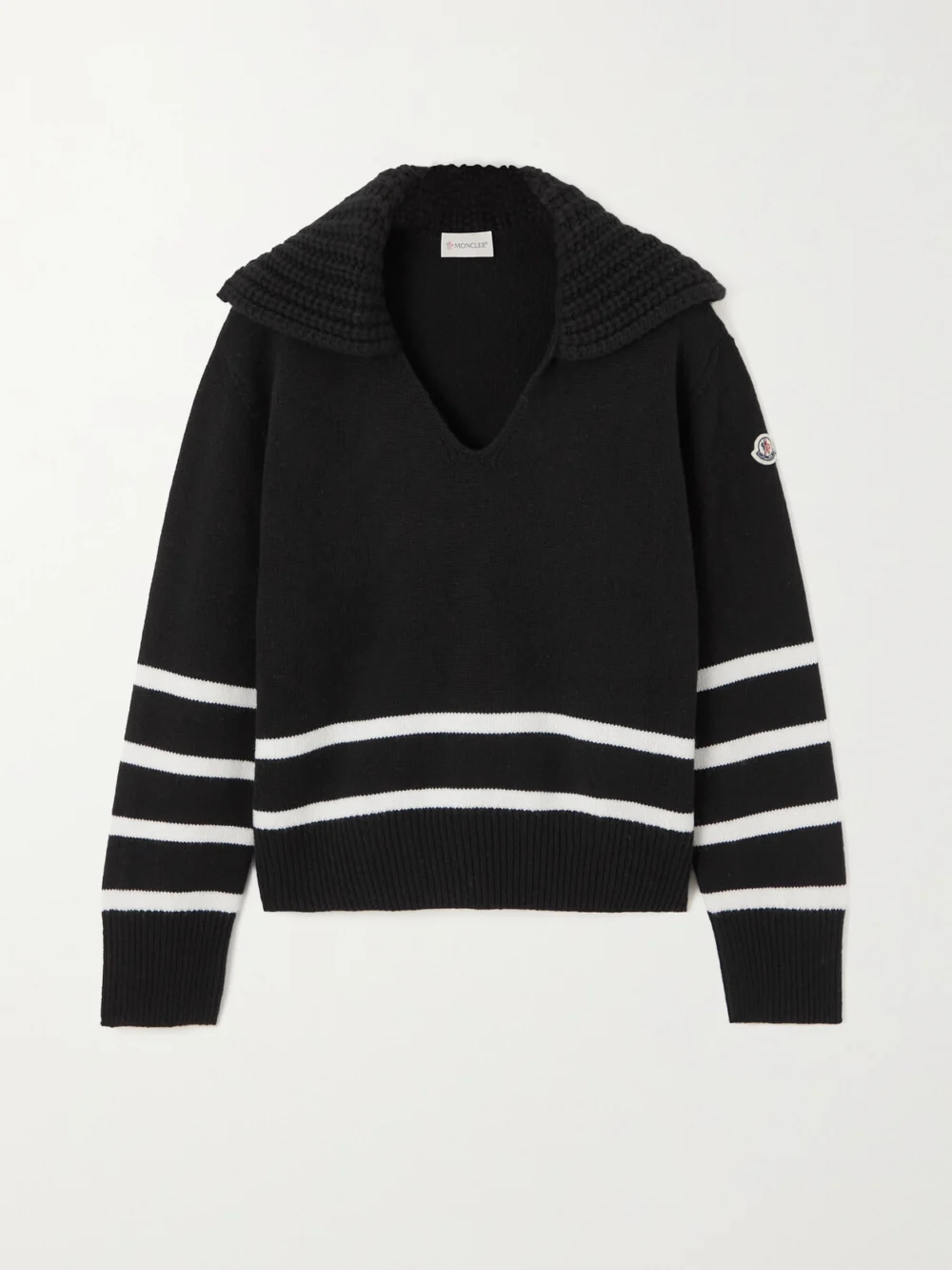 Moncler Appliquéd Striped Wool and Cashmere-blend Sweater in black