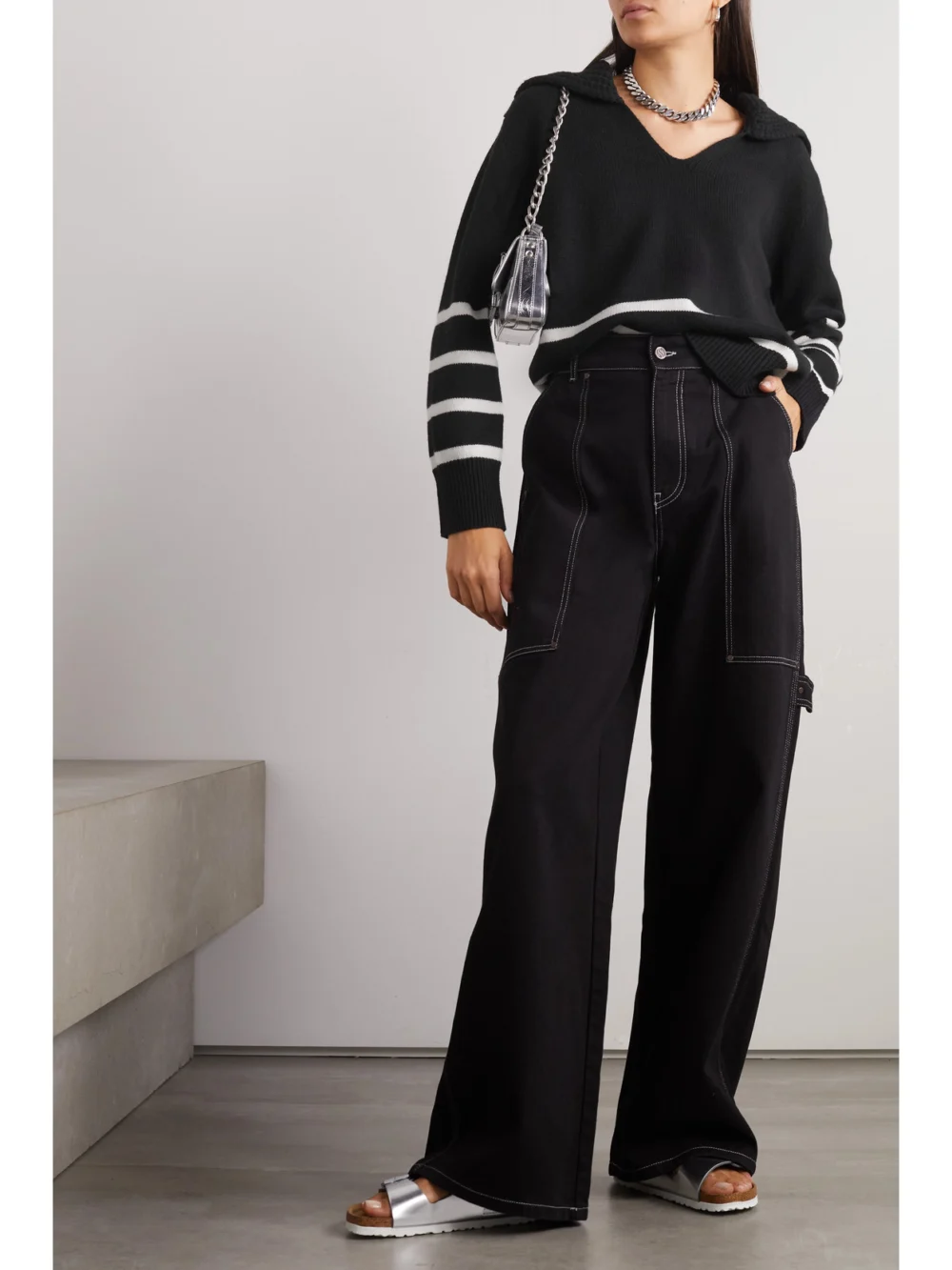 Moncler Appliquéd Striped Wool and Cashmere-blend Sweater, worn by a model