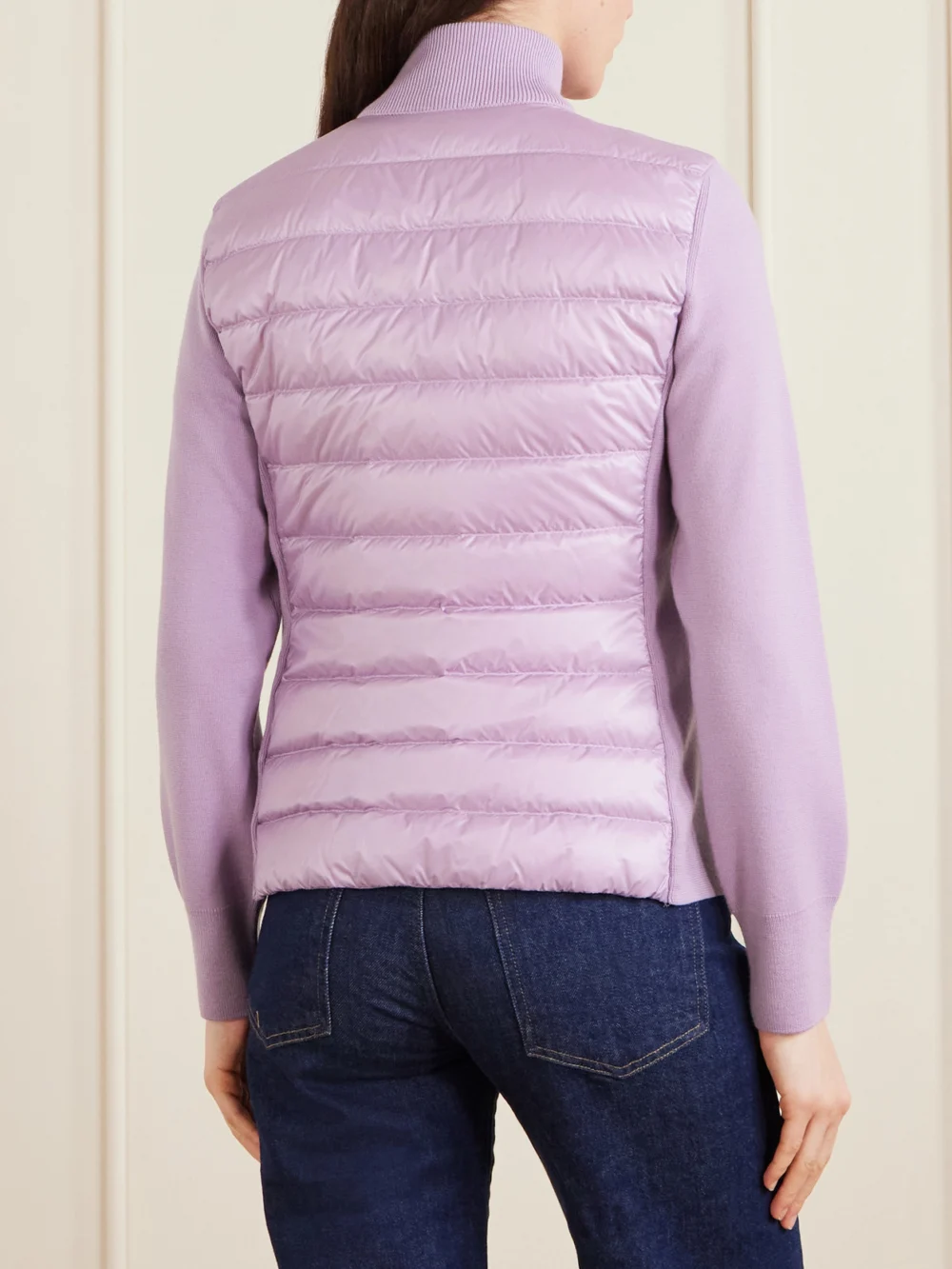 Back view of the Moncler Appliquéd Wool and Quilted Shell Down Cardigan