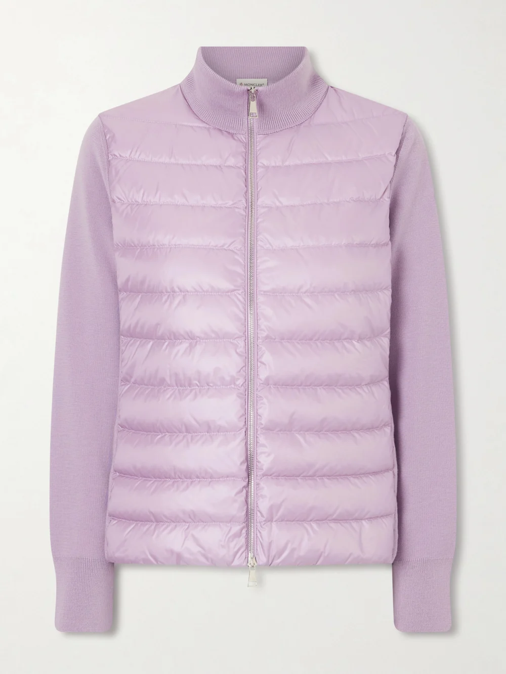 Moncler Appliquéd Wool and Quilted Shell Down Cardigan in lilac