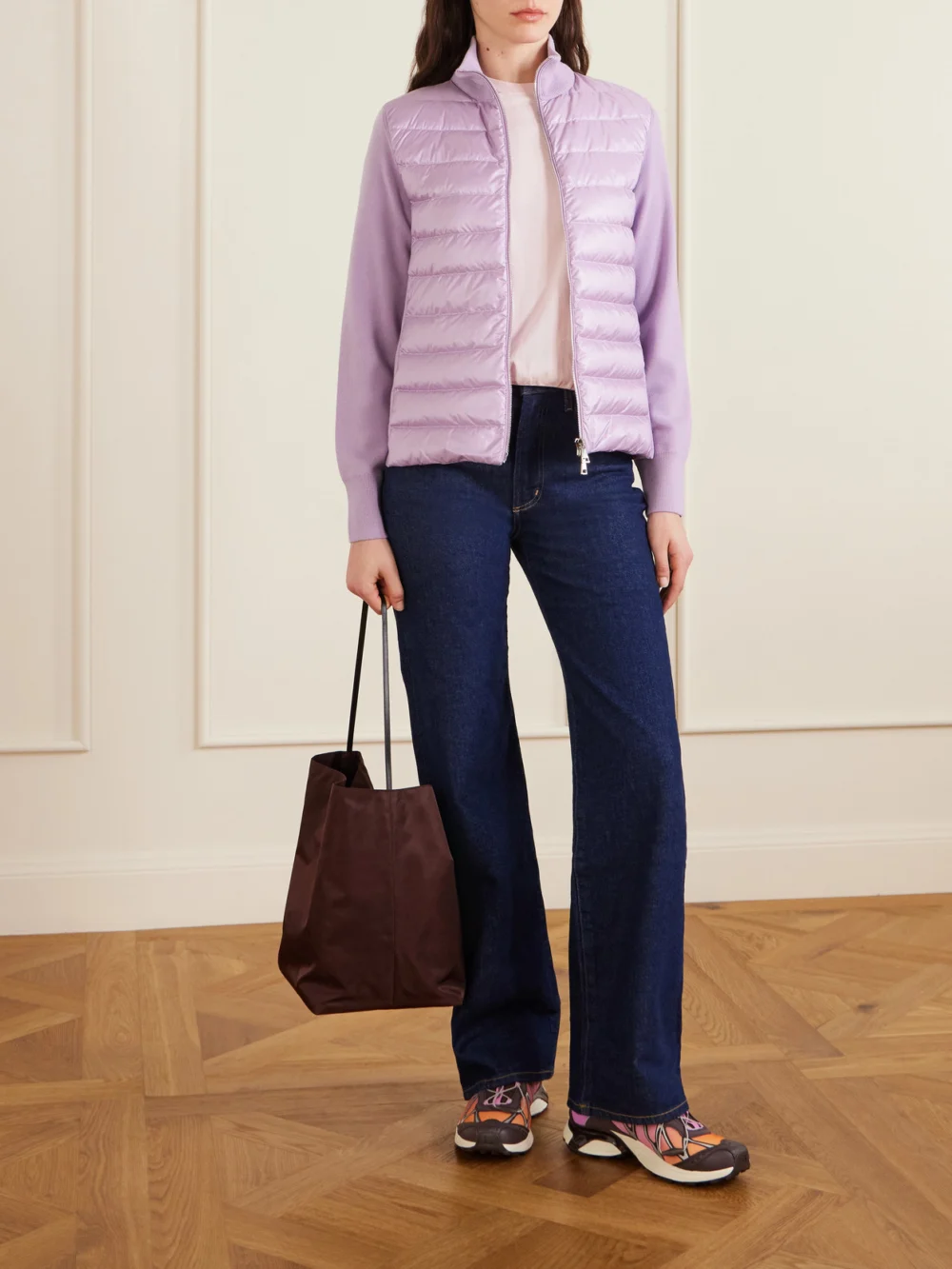 Moncler Appliquéd Wool and Quilted Shell Down Cardigan, worn by a model