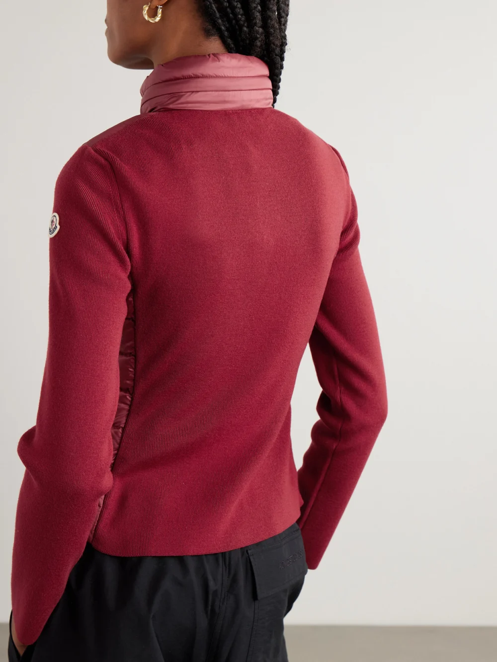 Back view of the Moncler Appliquéd Wool-blend and Quilted Shell Down Cardigan