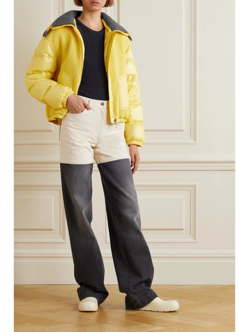 Moncler Apront Cropped Quilted Shell Down Bomber Jacket, worn by a model
