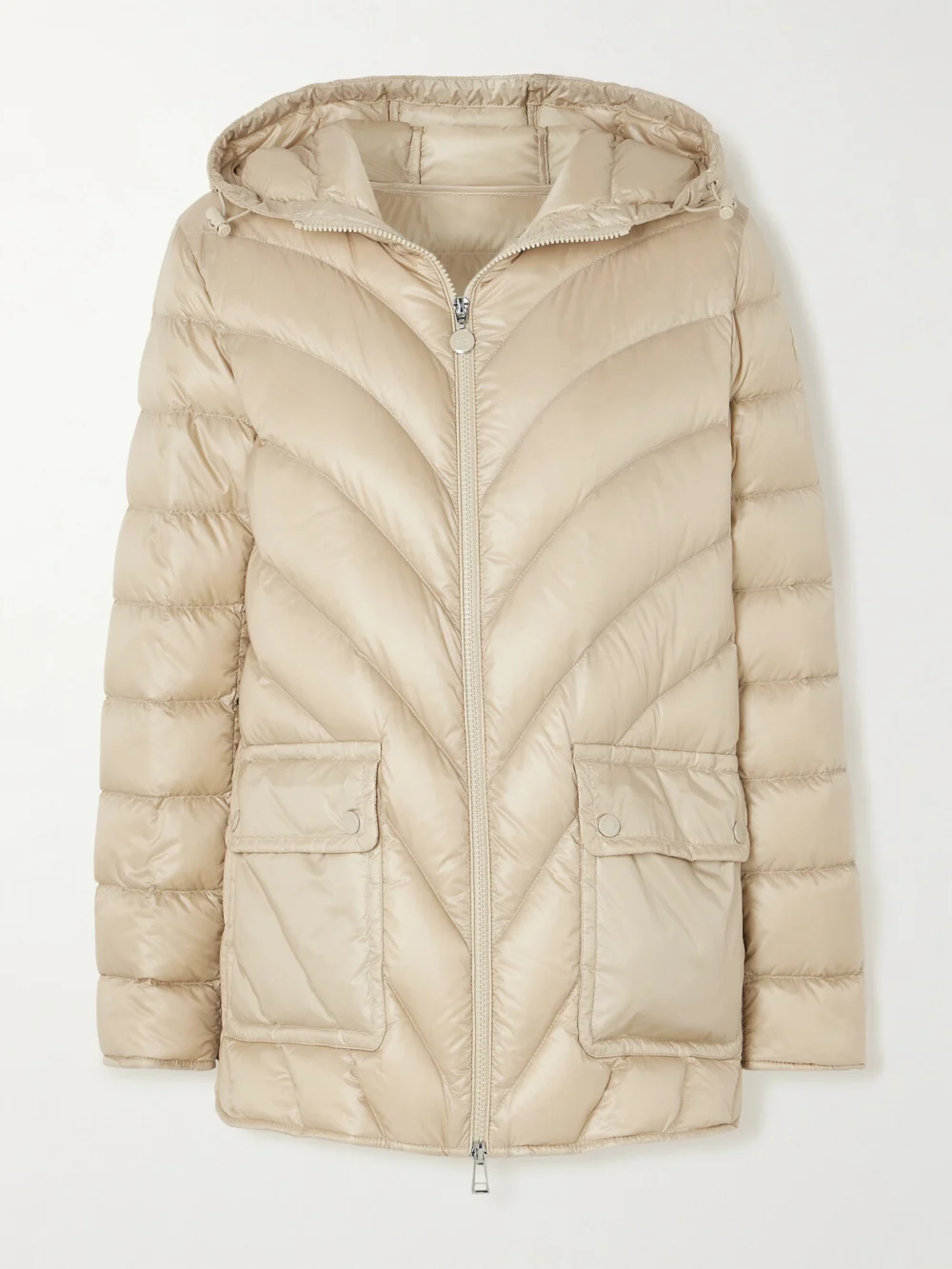 Moncler Argenno Hooded Belted Appliquéd Quilted Shell Down Coat in beige
