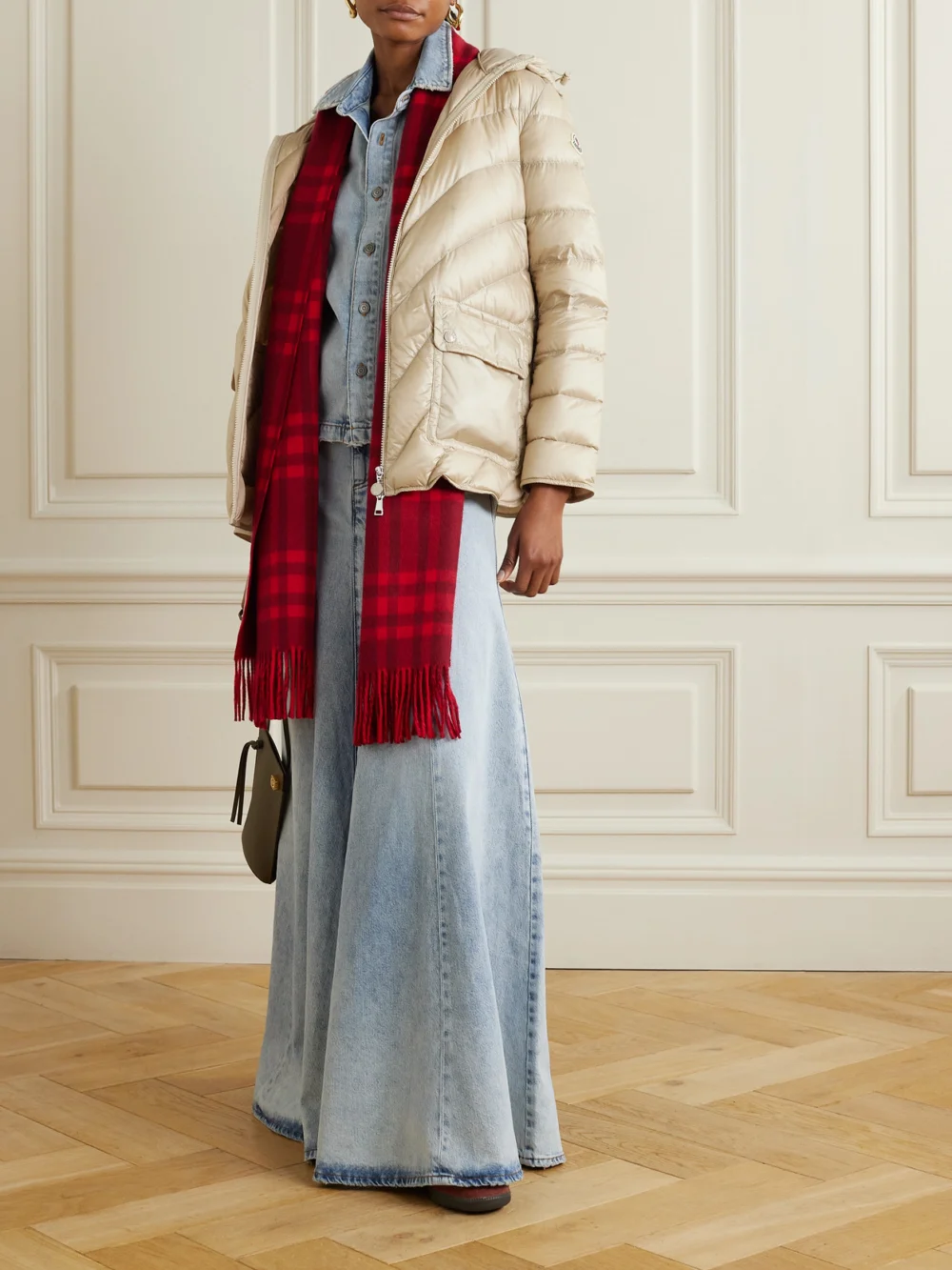 Moncler Argenno Hooded Belted Appliquéd Quilted Shell Down Coat, worn by a model