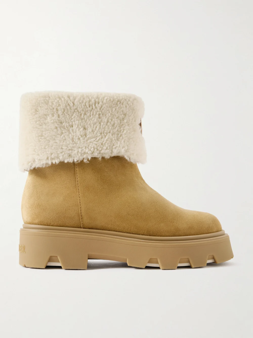 Moncler Aurea Appliquéd Shearling-trimmed Suede Ankle Boots in tan