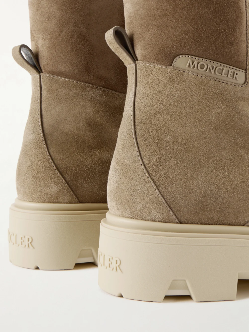 Close-up detail of the Moncler Aurea Paneled Suede Ankle Boots