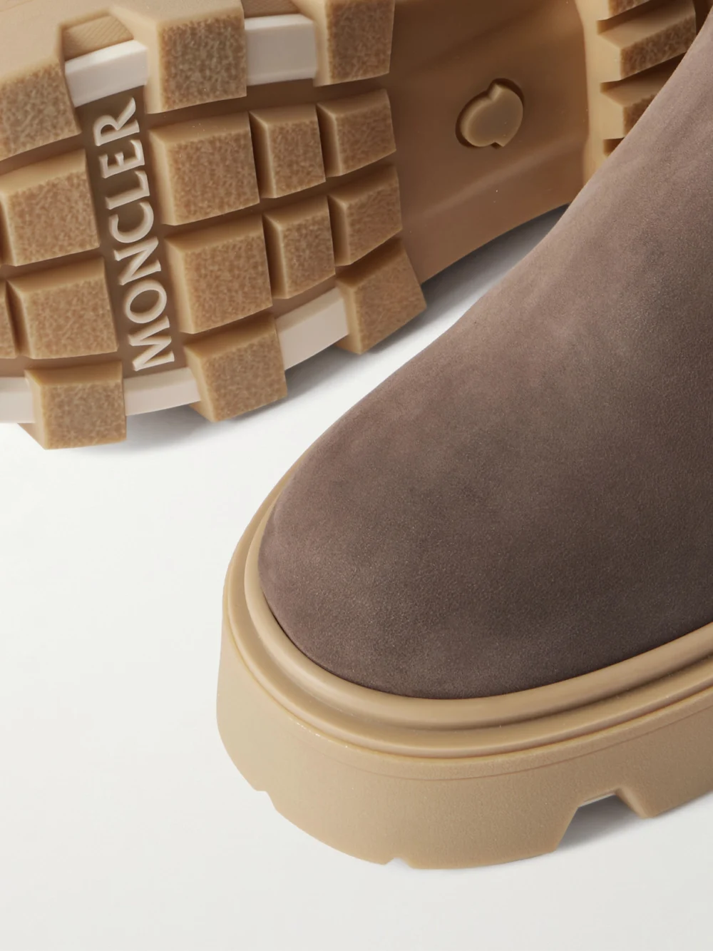 Close-up detail of the Moncler Aurea Suede Chelsea Boots