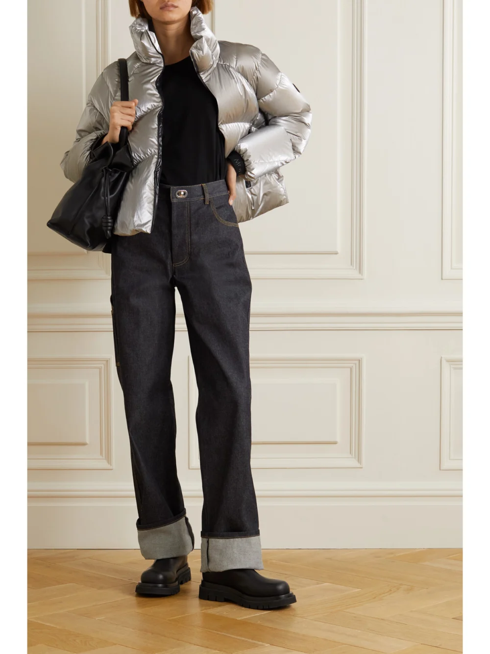Moncler Avoriaz Quilted Metallic Shell Down Jacket, worn by a model