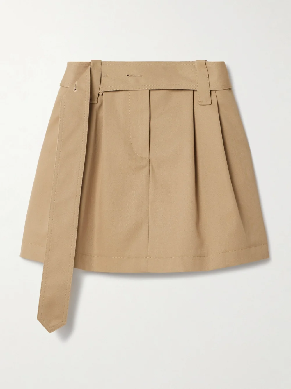 Moncler Belted Pleated Twill Mini Skirt in brown