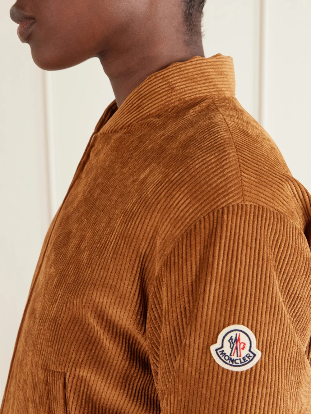 Close-up detail of the Moncler Blageon Reversible Corduroy Bomber Jacket