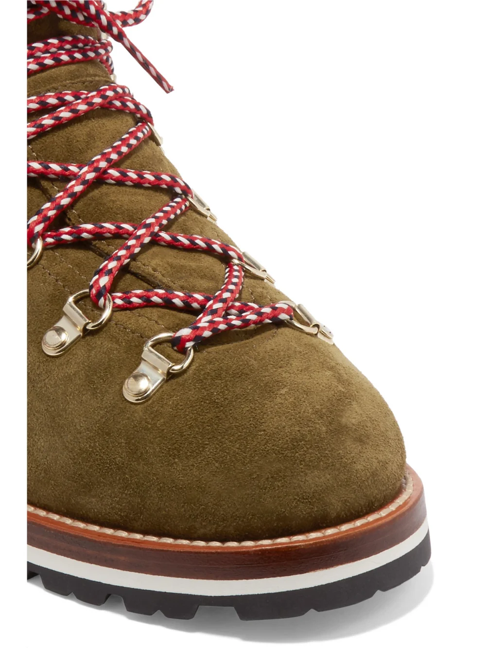Close-up detail of the Moncler Blanche Shearling-lined Suede Ankle Boots