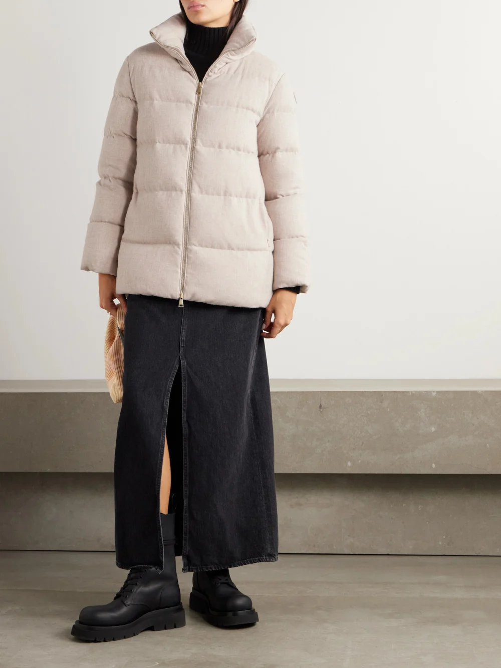 Moncler Bonaguil Padded Wool and Cashmere-blend Down Jacket, worn by a model