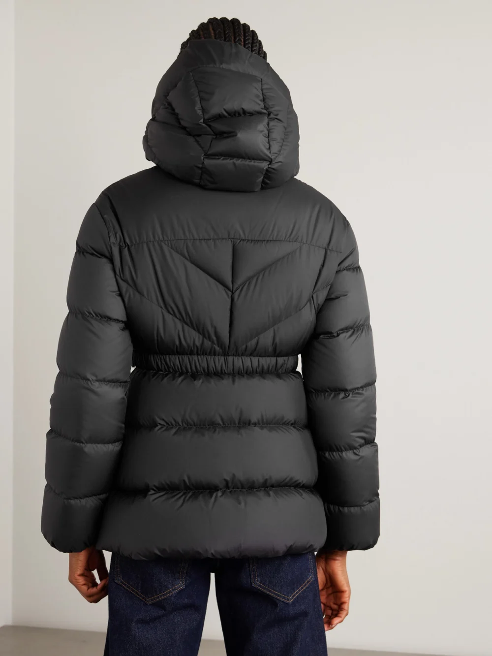 Back view of the Moncler Brosse Belted Hooded Appliquéd Quilted Shell Down Jacket