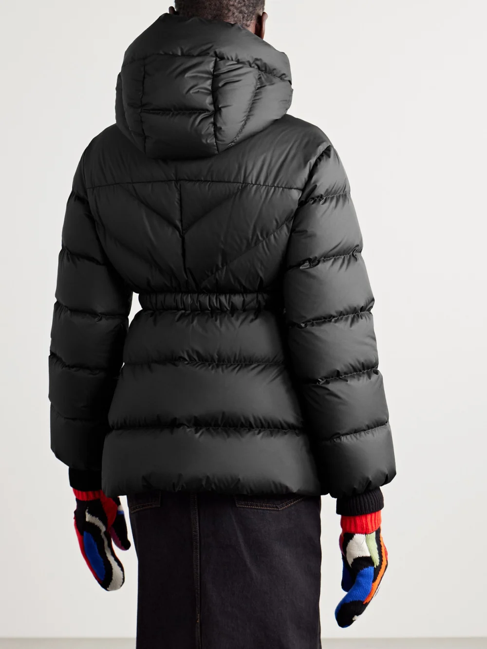 Back view of the Moncler Brosse Belted Hooded Appliquéd Quilted Shell Down Jacket