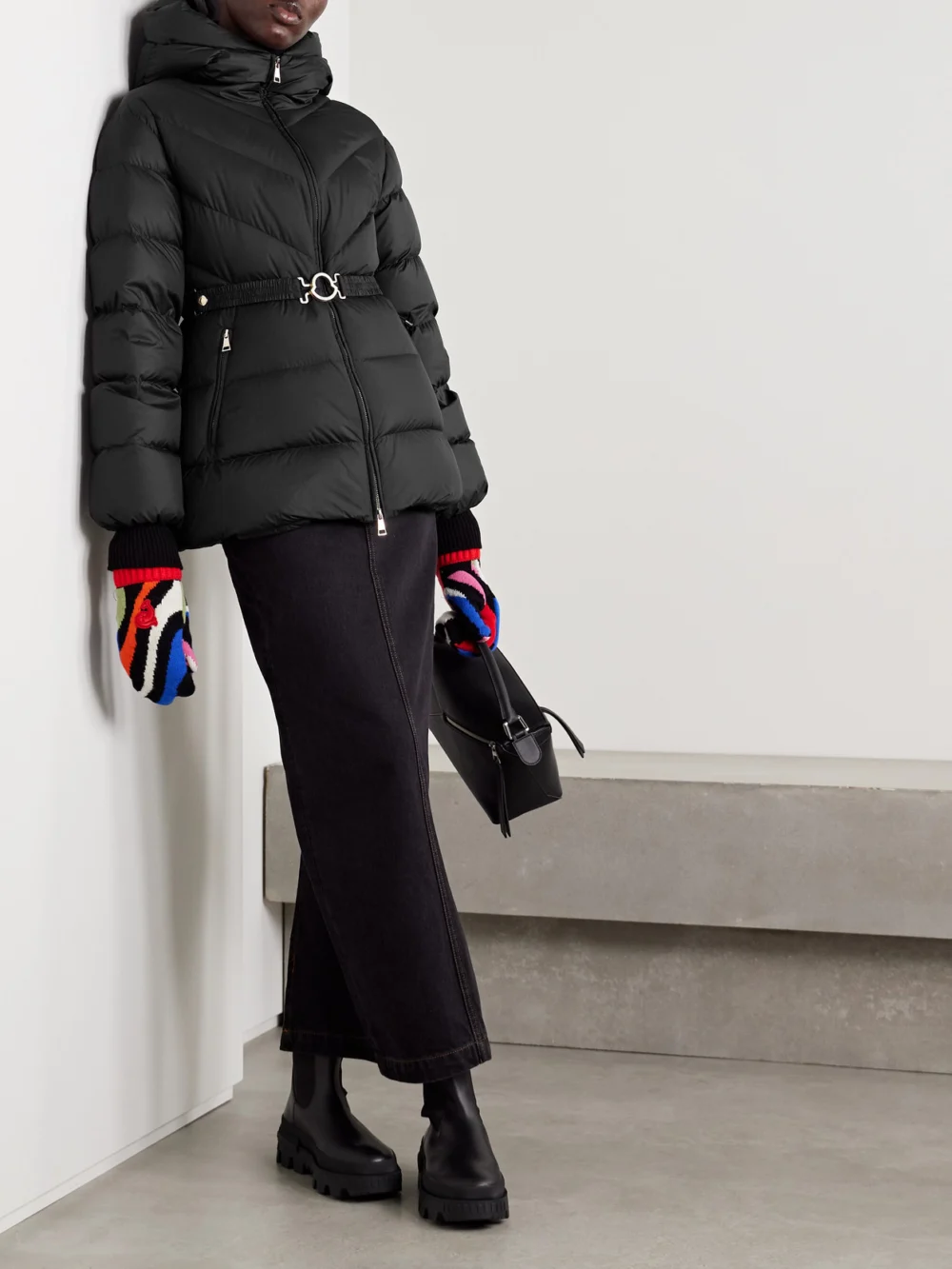 Moncler Brosse Belted Hooded Appliquéd Quilted Shell Down Jacket, worn by a model