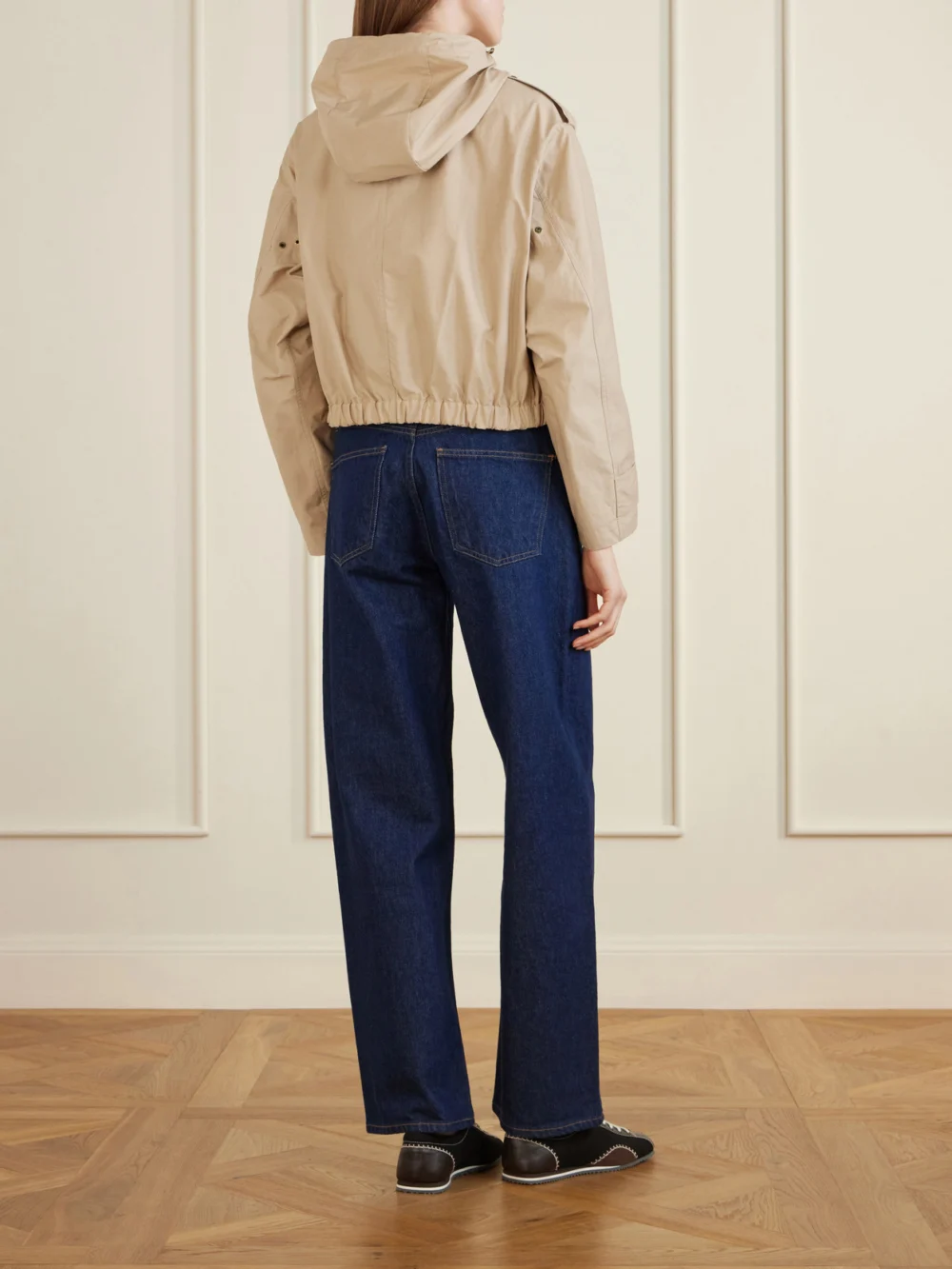 Back view of the Moncler Carex Hooded Cotton-blend Poplin Cropped Jacket