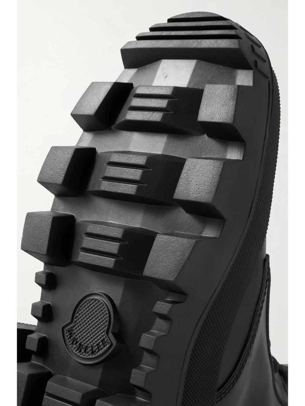 Close-up detail of the Moncler Carinne Leather Ankle Boots