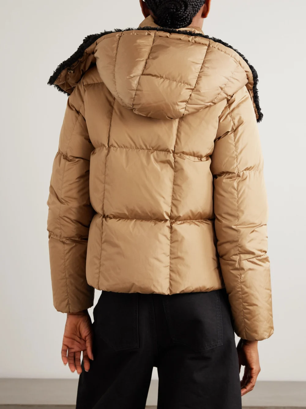 Back view of the Moncler Castelnou Appliquéd Hooded Fleece-trimmed Shell Down Jacket