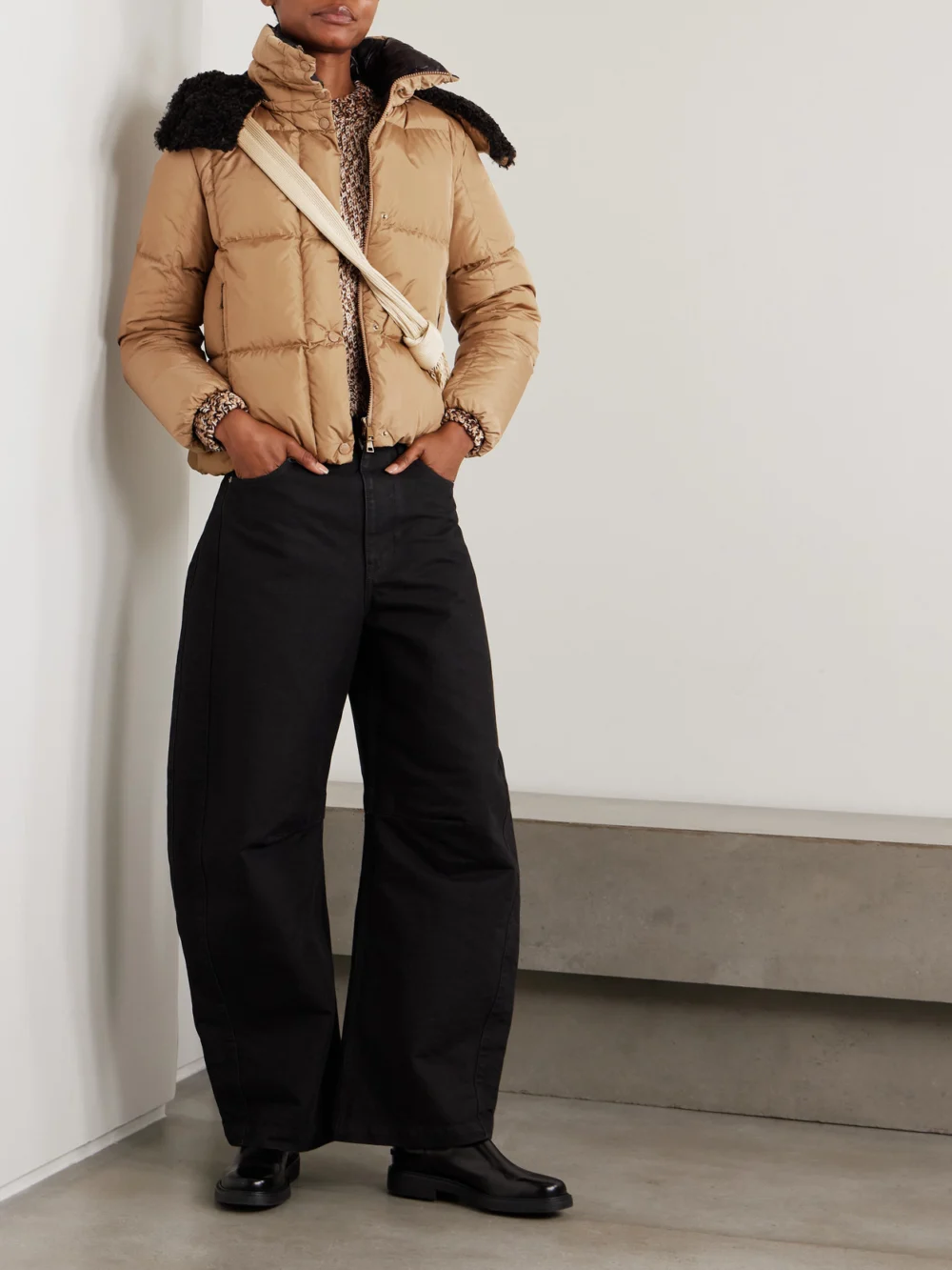 Moncler Castelnou Appliquéd Hooded Fleece-trimmed Shell Down Jacket, worn by a model