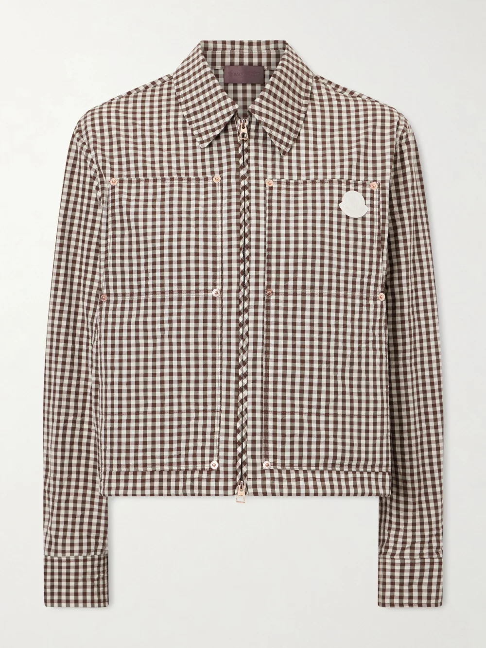Moncler Cropped Appliquéd Gingham Cotton-blend Shirt in brown