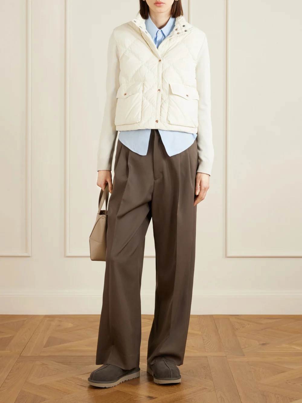 Moncler Cropped Knitted and Padded Quilted Shell Down Cardigan, worn by a model