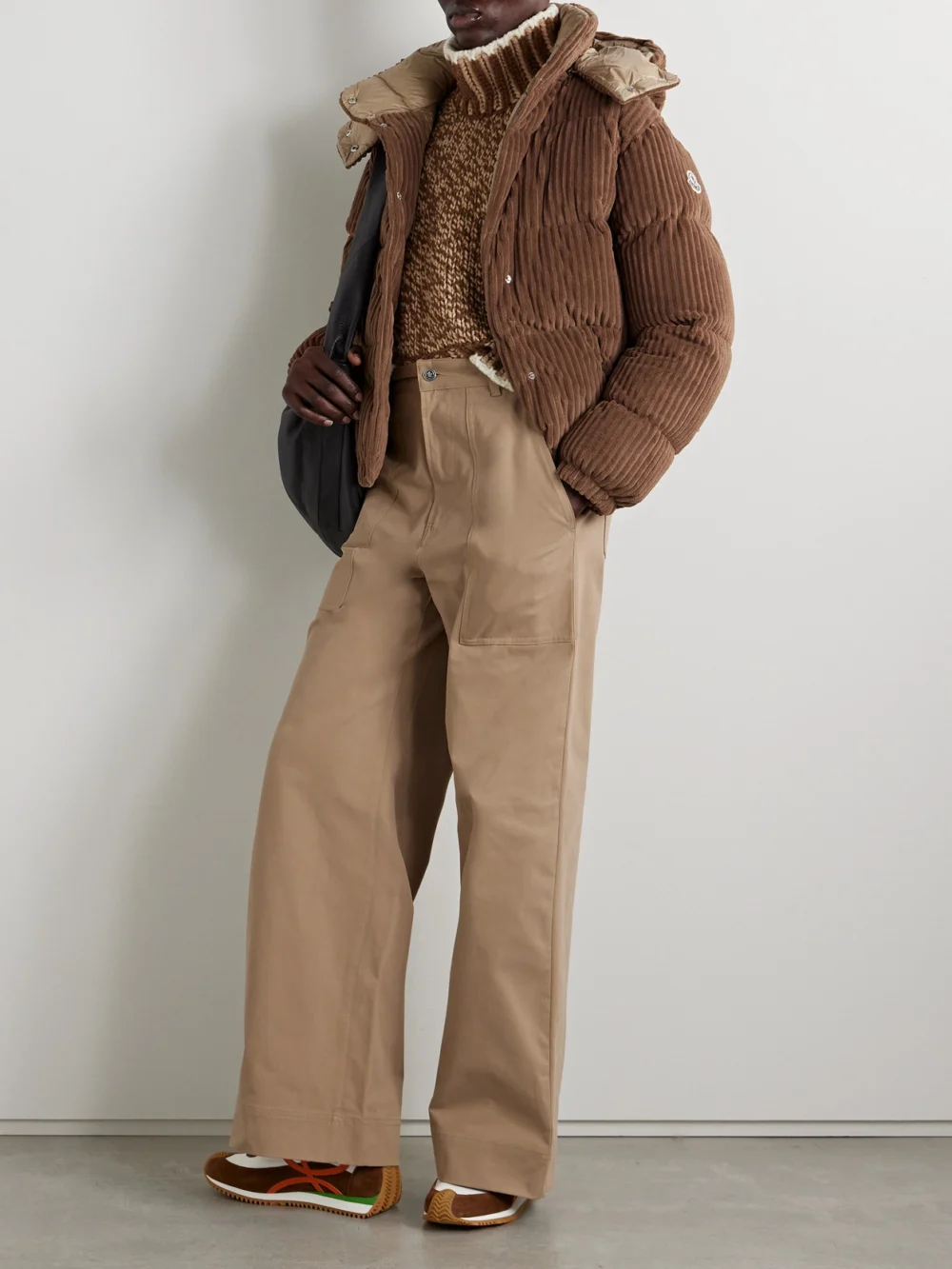 Moncler Daos Hooded Padded Quilted Corduroy Down Jacket, worn by a model