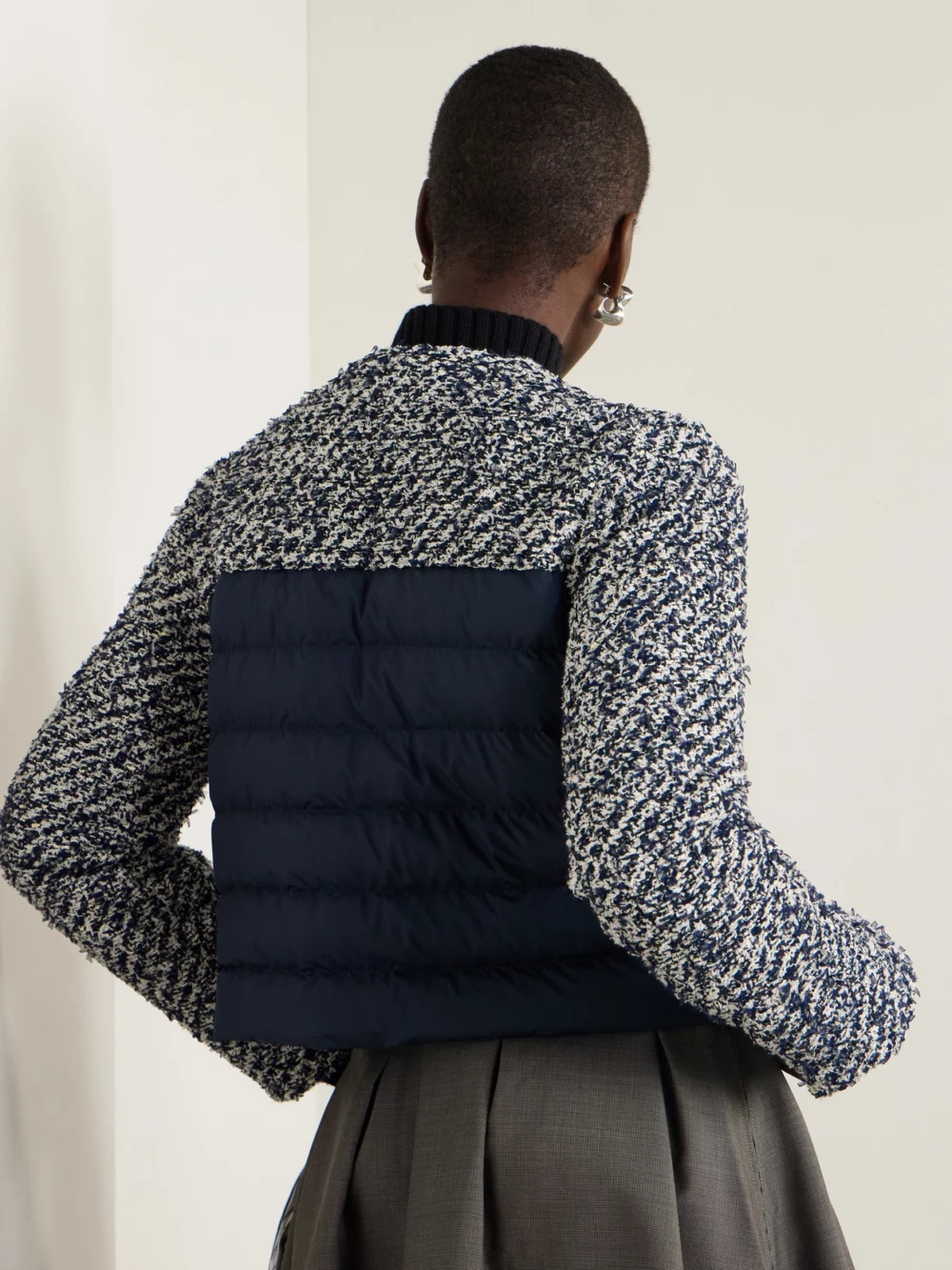 Back view of the Moncler Dauphin Quilted Shell-paneled Cotton-blend Tweed Down Jacket