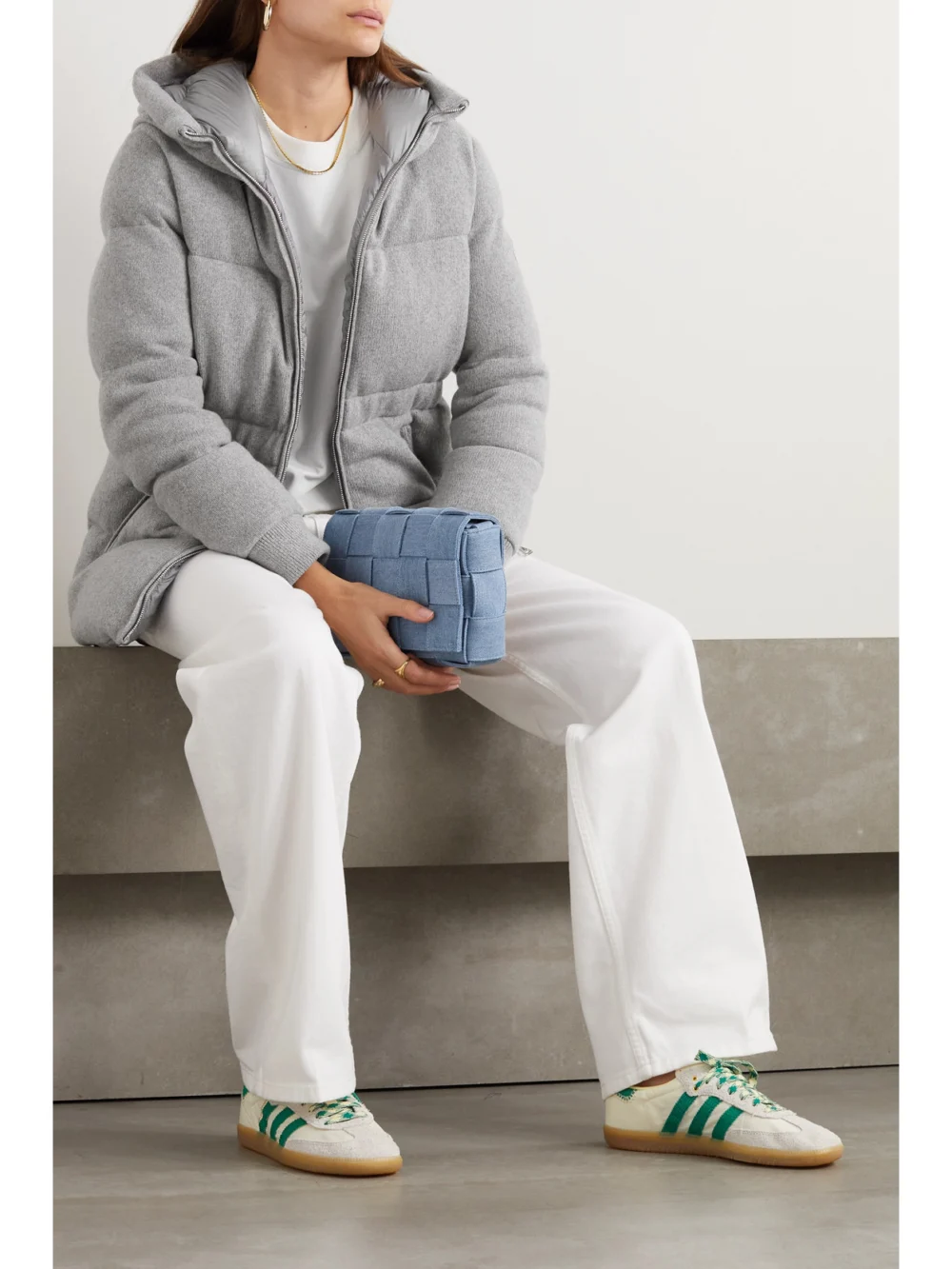 Moncler Daval Hooded Quilted Cashmere-blend Down Jacket, worn by a model