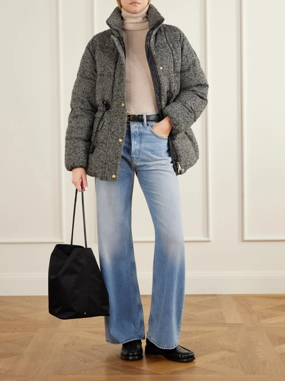 Moncler Diaphanes Wool-blend Quilted Down Jacket, worn by a model