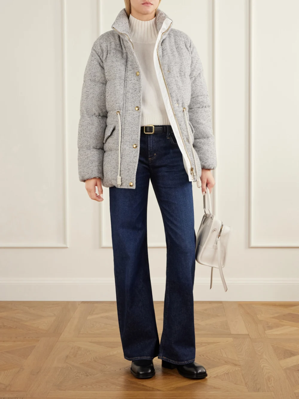 Moncler Diaphanes Wool-blend Quilted Down Jacket, worn by a model