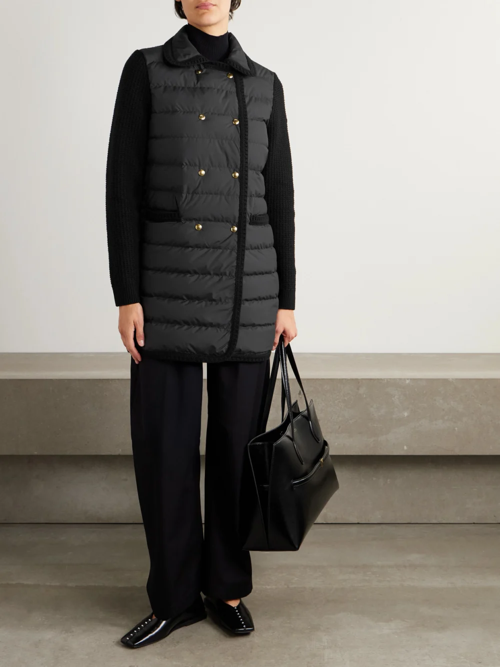 Moncler Double-breasted Wool and Cashmere-blend and Quilted Shell Down Cardigan., worn by a model