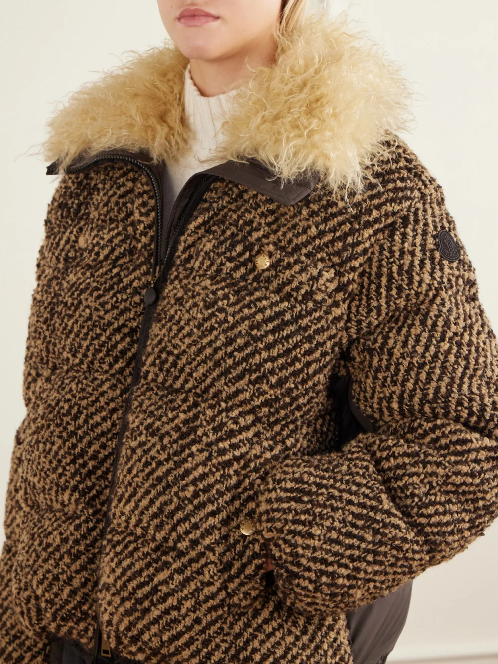 Close-up detail of the Moncler Dynamique Plush-trimmed Bouclé Quilted Down Jacket