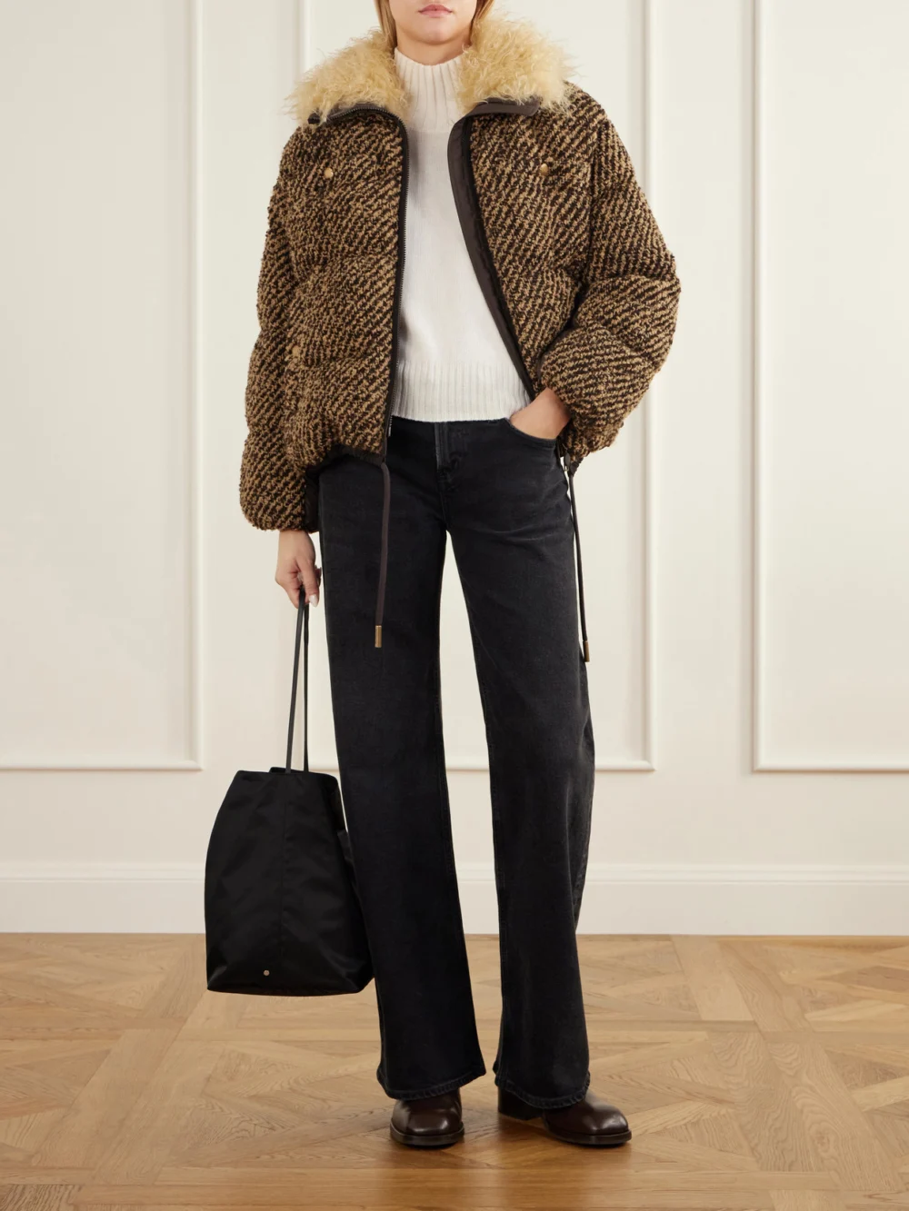 Moncler Dynamique Plush-trimmed Bouclé Quilted Down Jacket, worn by a model