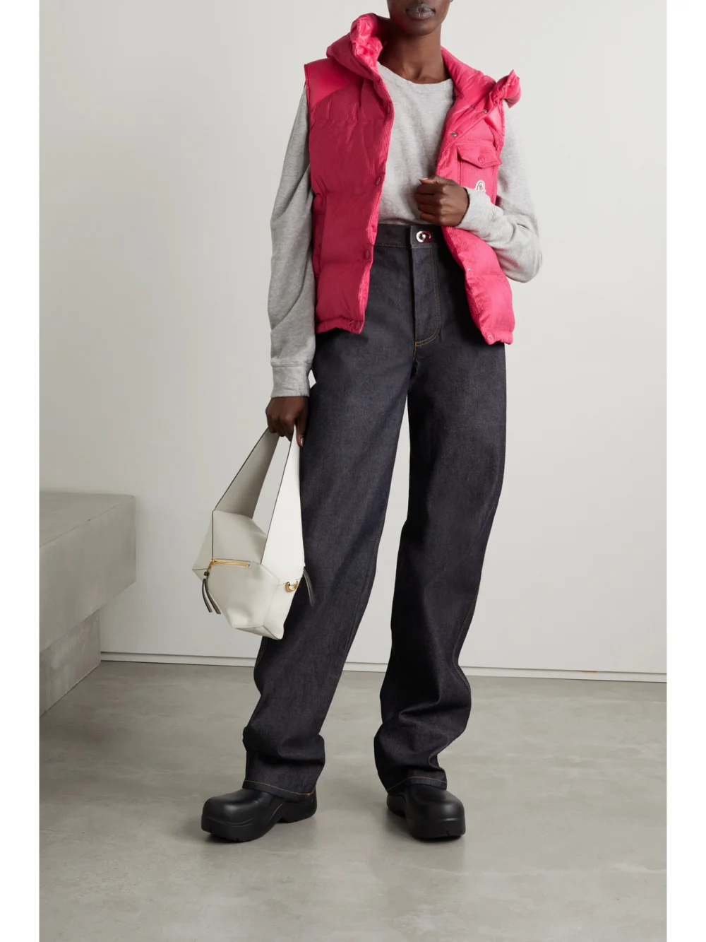 Moncler Eau Shell-trimmed Quilted Down Cotton-blend Corduroy Vest, worn by a model
