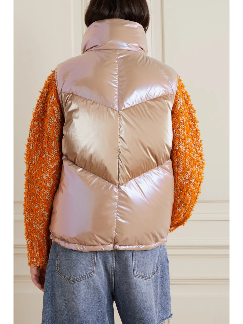 Back view of the Moncler Faucille Quilted Metallic Shell Down Vest