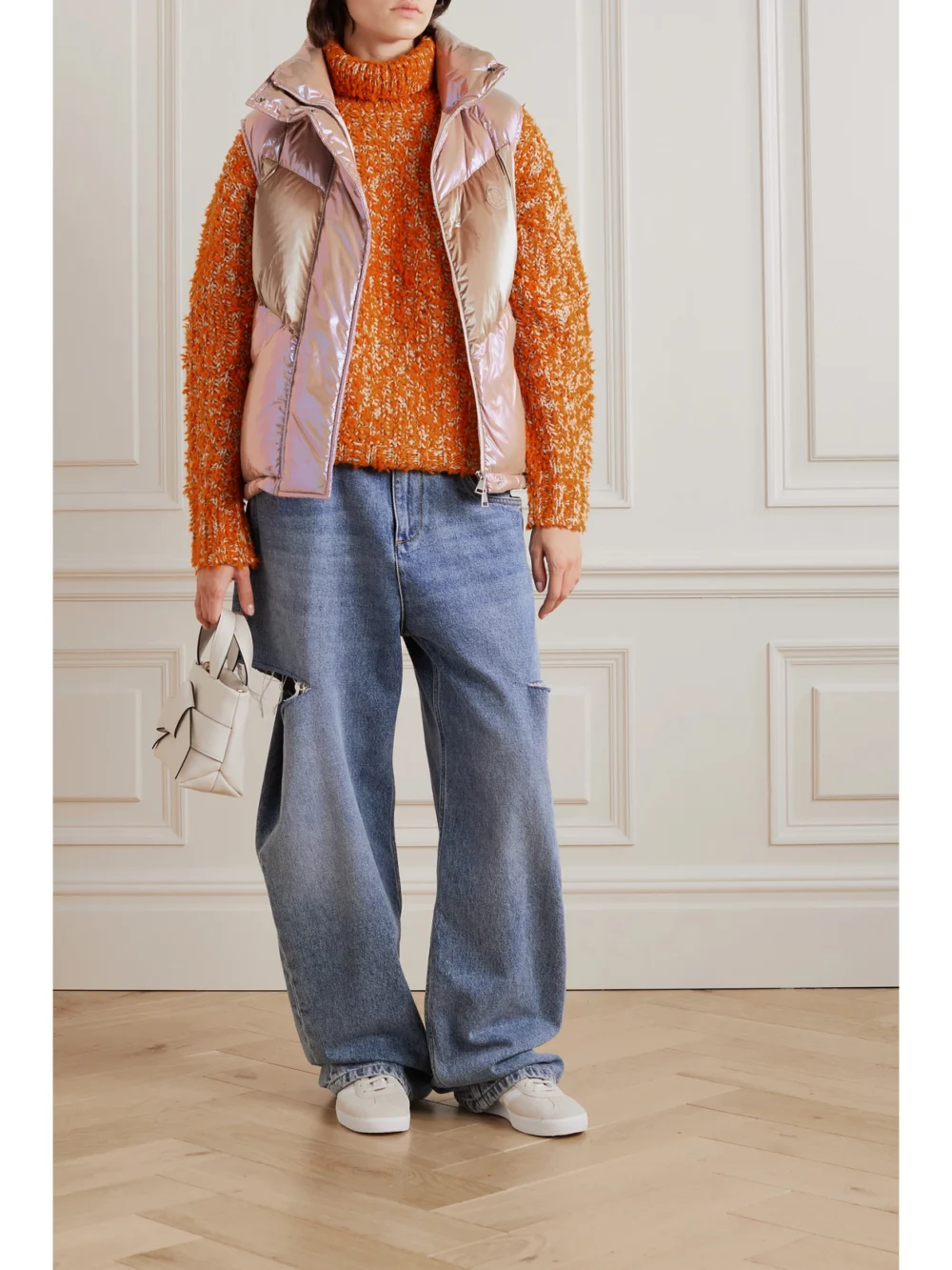 Moncler Faucille Quilted Metallic Shell Down Vest, worn by a model