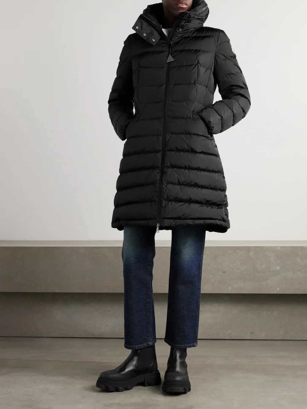 Back view of the Moncler Flammette Hooded Quilted Shell Coat