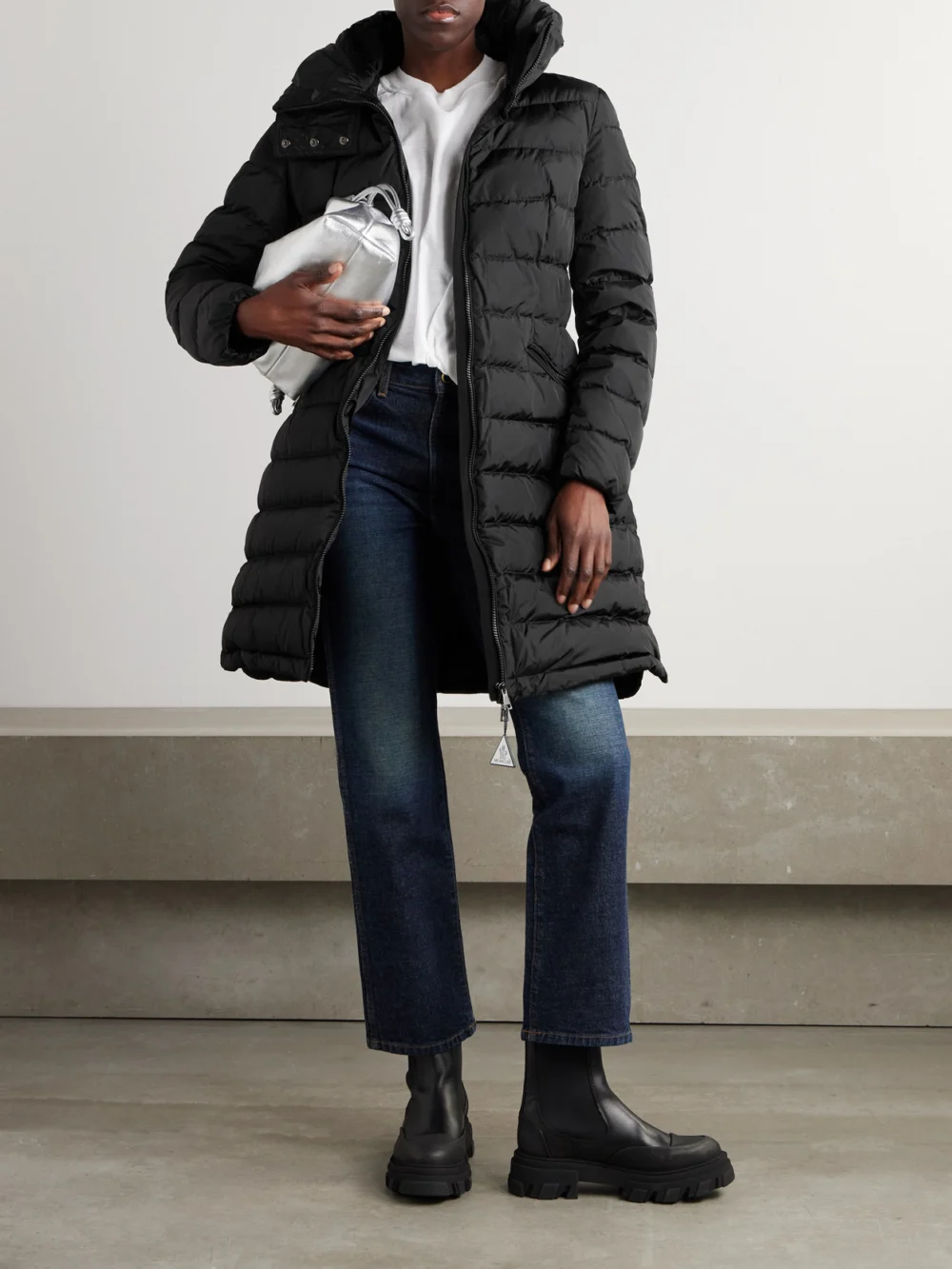 Moncler Flammette Hooded Quilted Shell Coat, worn by a model