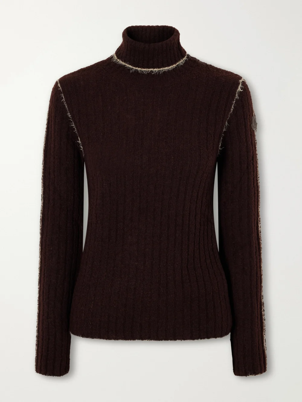 Moncler Frayed Ribbed Wool-blend Turtleneck Sweater in chocolate