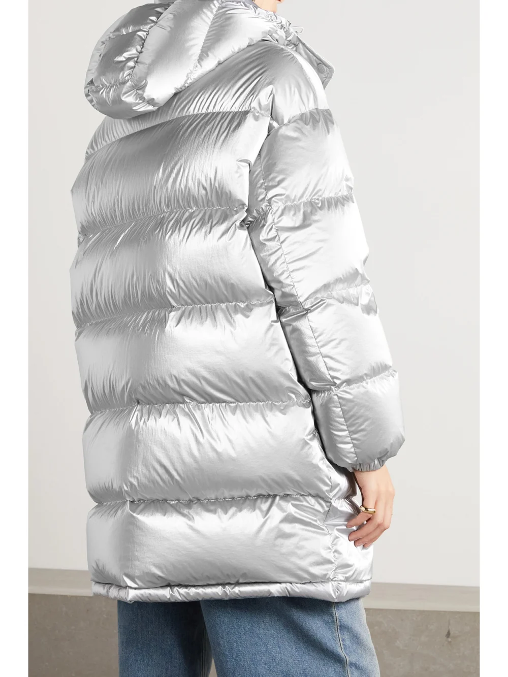 Back view of the Moncler Gaou Hooded Quilted Metallic Shell Down Jacket